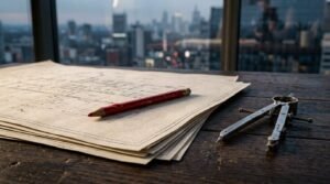 Architectural floor plan blueprints with drafting compass and red pencil on a wooden desk overlooking a modern city skyline for building design and construction planning
