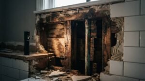 Bathroom wall demolition exposing water-damaged timber framing and plumbing during residential bathroom renovation and water damage repair