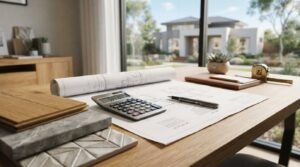 Architectural floor plans with a calculator, pen, tape measure, and material samples on a wooden desk overlooking a modern home