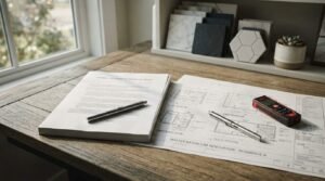 Bathroom renovation contract and architectural blueprints with laser distance measure on a wooden table for residential bathroom remodeling and project planning
