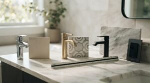 Bathroom renovation material selection featuring chrome, brushed brass, and matte black faucets with tile samples, marble slabs, and measuring ruler for modern bathroom design