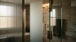 Side-by-side comparison of three shower screen glass types with brass hardware: fluted reeded glass, frosted obscure glass, and clear toughened glass