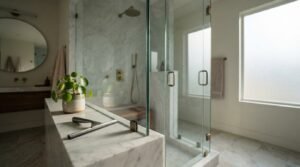 Metal shower squeegee and potted Pilea plant resting on a white marble pony wall next to a glass shower door with brass hardware