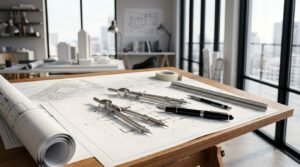 Architectural drafting table with blueprints, drafting compass, ruler, and pens in a modern architect's office