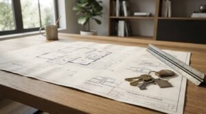 Architectural house blueprint with floor plans, house keys, and measuring rulers on a wooden desk for residential home construction and design planning