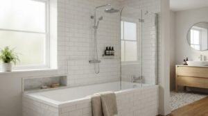 Built-in bathtub with shower over bath setup, hinged curved glass bath screen, chrome rainfall shower head, and white subway tile surround