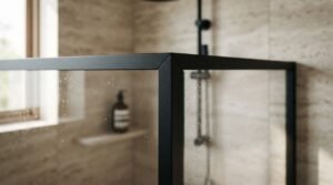 Close-up of a mitered corner joint on a matte black framed glass shower screen against travertine wall tiles