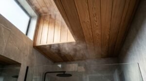 Modern steam shower interior with natural cedar timber slat ceiling, light well window, grey stone wall tiles, and matte black rain shower head