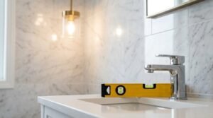 Modern bathroom sink with chrome faucet and spirit level on white countertop against marble wall tiles during bathroom renovation and fixture installation