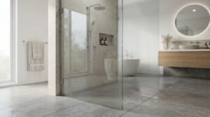 Frameless glass walk-in shower panel anchored to a beige limestone partition wall in a modern bathroom with grey floor tiles