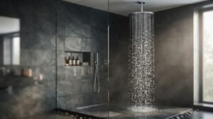 Ceiling-mounted round chrome rainfall shower head with running water in a moody walk-in shower featuring dark slate wall tiles and glass partition