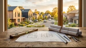 Architectural site plan blueprints with drafting tools on a wooden table overlooking a modern residential neighborhood