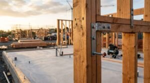 Timber house frame construction with concrete slab foundation and structural framing at a residential building site