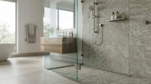 Frameless glass shower screen with brushed nickel wall hinges, handheld shower rail, linear floor drain, and grey travertine wall tiles