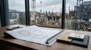 Architectural blueprints on a wooden desk overlooking a commercial construction site through floor-to-ceiling windows