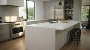 Modern upscale kitchen featuring a white quartz waterfall island, stainless steel gas range, geometric mosaic backsplash tile, and light hardwood floors