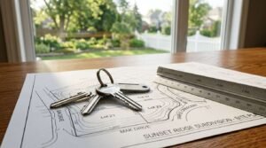 House keys resting on a residential subdivision site plan with an architectural scale ruler