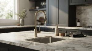 Brushed brass gooseneck tap and undermount stainless steel sink on a veined marble benchtop in a dark navy kitchen