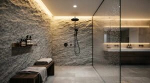 Luxury walk-in shower with rough-split stone wall cladding, warm recessed LED ceiling cove lighting, matte black shower fixture, dark teak bench, and frameless glass partition