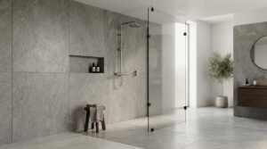 Walk-in shower with large-format grey stone wall tiles, brushed nickel shower rail fixture, recessed wall niche, fluted glass shower screen, and a wooden stool