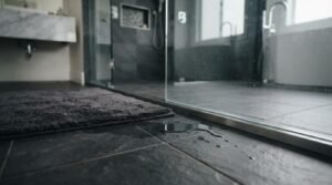 Water puddle and splash droplets on dark slate bathroom floor tiles outside a glass walk-in shower door near a bath mat