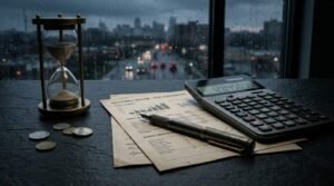 Calculator, financial documents, and hourglass on a desk overlooking a rainy city skyline