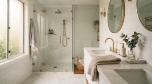 Luxury white marble bathroom renovation featuring a double sink vanity with gooseneck brushed brass taps, round brass mirrors, and a glass walk-in shower with brushed brass fixtures