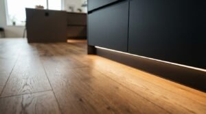 Warm LED toe kick strip lighting illuminating natural European oak hardwood flooring beneath matte black handleless kitchen island cabinets