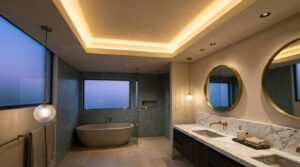 Modern luxury bathroom with warm recessed coffered ceiling lighting, brass round mirrors, glass pendant lights, marble double vanity, and a stone soaking tub