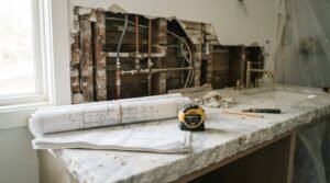 Bathroom renovation in progress with exposed plumbing, construction blueprints, tape measure, and stone vanity countertop during residential bathroom remodeling