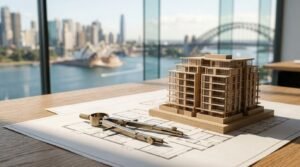Architectural building model on residential floor plan blueprint with drafting compass overlooking the Sydney Opera House and Harbour Bridge for modern property development
