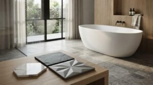 Luxury modern bathroom with freestanding bathtub, premium tile samples, and natural stone finishes for contemporary bathroom renovation and interior design