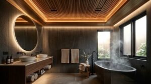 Luxurious modern bathroom featuring dark slate wall tiles, timber battens slat ceiling with warm LED cove lighting, round back-lit mirror, floating double vanity, and freestanding black soaking tub