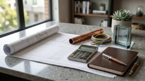 Home renovation budget planning with architectural drawings, construction materials, calculator, and cost estimation tools