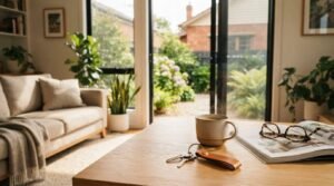 Modern living room with house keys, a coffee mug, reading glasses, and an open magazine on a wooden coffee table overlooking a landscaped garden