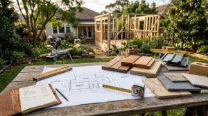 Granny flat construction cost planning with building materials, architectural floor plans, and timber frame extension project