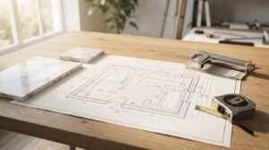 Architectural bathroom floor plan blueprint on a wooden desk alongside marble tile swatches, a chrome basin faucet, and a tape measure