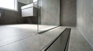 Low-angle view of a curbless walk-in shower with a stainless steel linear channel drain, frameless glass screen, and grey porcelain floor tiles
