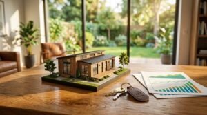 Granny flat investment ROI concept with modern architectural model, property value analysis, and house keys