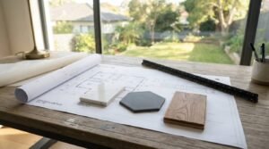 Architectural blueprints with tile and wood flooring samples on a wooden desk beside a large window overlooking a garden