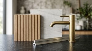 Modern brushed brass bathroom faucet with marble tile, fluted wood panel sample, and metal trim for luxury bathroom renovation and interior design