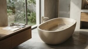 Neutral stone freestanding soaking tub filled with water next to large garden window and wooden vanity in modern spa bathroom