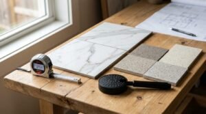 Bathroom renovation planning setup featuring marble tile samples, digital tape measure, floor swatches, black showerhead, and blueprints on wooden desk