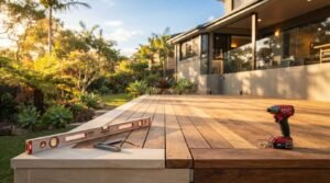 Hardwood timber deck installation in golden hour sunlight showing an aluminium spirit level, speed square, carpenter's pencil, and red cordless impact driver set along sandstone retaining capping beside a glass-balustrade home
