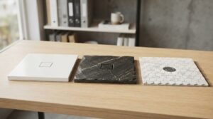 Side-by-side comparison of three shower base material samples on an oak desk: matte white solid surface, textured black veined stone, and white marble hexagon mosaic tile