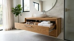 A floating light-oak bathroom vanity with its top drawer pulled open, displaying amber toiletry bottles and folded white bath towels, beneath an oval vessel sink, chrome faucet, and large round wall mirror