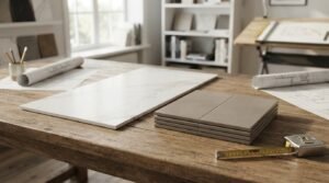 Large-format white marble porcelain tile plank compared with a stack of small square grey tiles on a wooden drafting table with architectural blueprints and tape measure