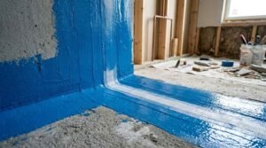 Blue liquid waterproofing membrane applied over fiberglass mesh tape along wall-to-floor corner joints in shower construction