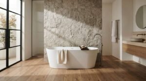 White oval freestanding soaking tub set against a split-face rustic stone accent wall with brushed nickel floor-mounted faucet on hardwood flooring
