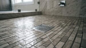 Central square perforated chrome shower drain set in a sloped mini brick mosaic tile floor inside a walk-in shower